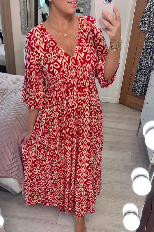 🔥 Wyprzedaż 🧡 Boho Casual Sukienka z Długim Rękawem i Dekoltem w Serek
