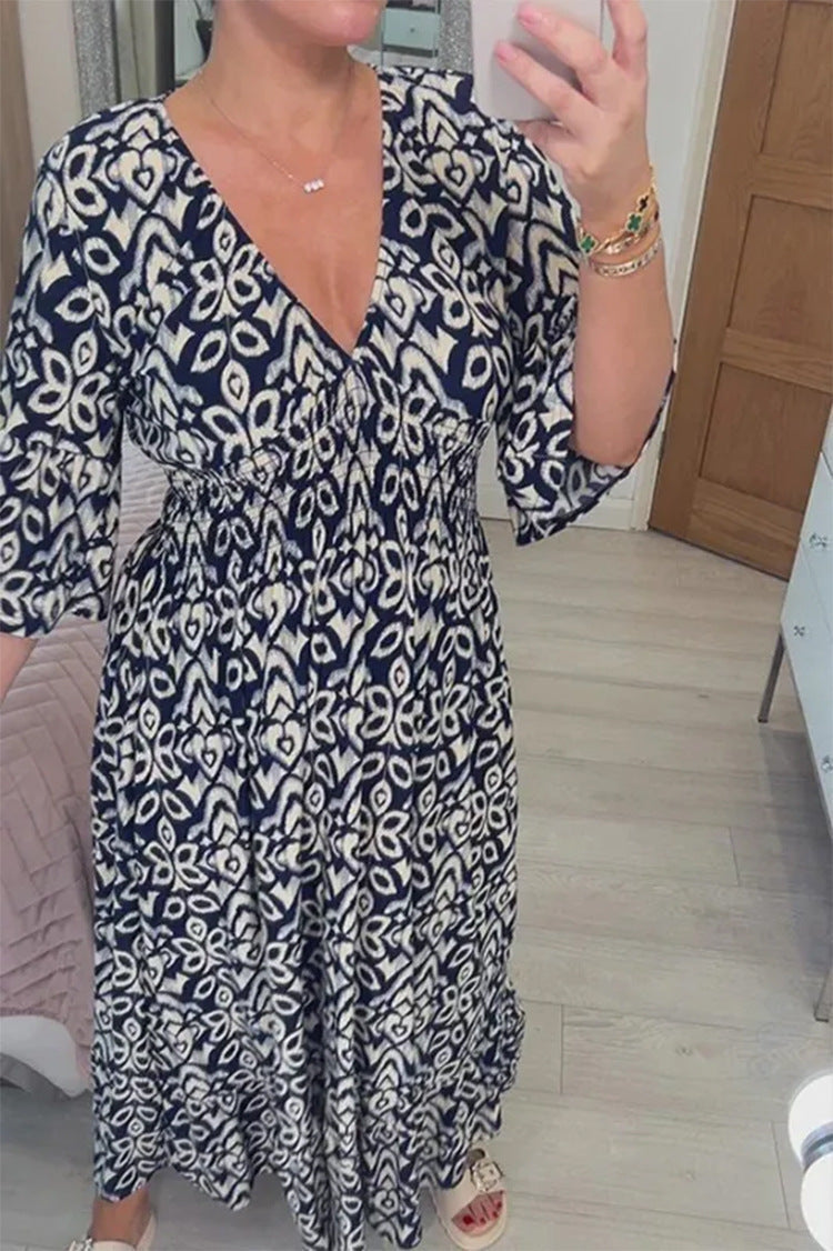 🔥 Wyprzedaż 🧡 Boho Casual Sukienka z Długim Rękawem i Dekoltem w Serek