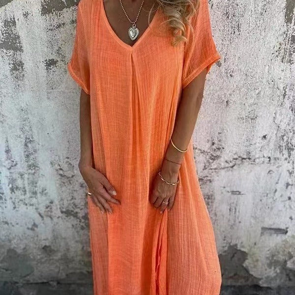 💕 Co powinnam założyć jutro? 🔥 Damska Luźna Sukienka z Dekoltem w Serek z Bawełny i Lnu
