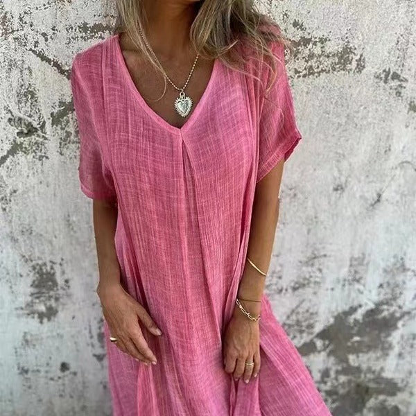 💕 Co powinnam założyć jutro? 🔥 Damska Luźna Sukienka z Dekoltem w Serek z Bawełny i Lnu