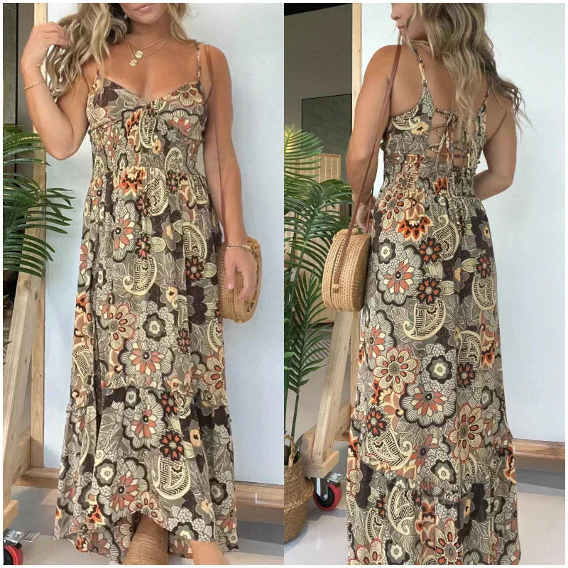 💕Oferta ograniczona czasowo 39% ZNIŻKI 💕 Seksowna damska długa sukienka z kwiatowym nadrukiem na ramiączkach
