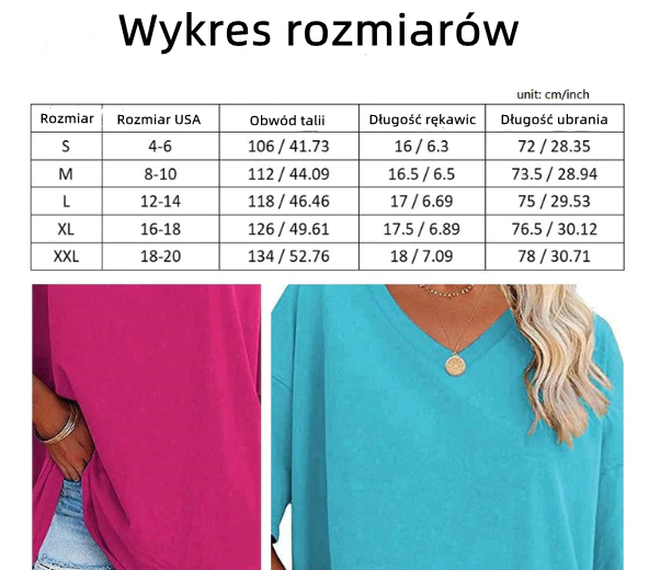 Damski, swobodny t-shirt z dekoltem v-neck