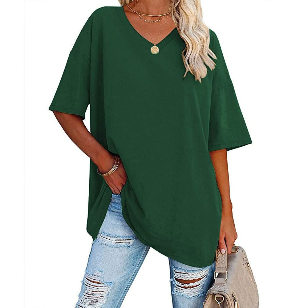 Damski, swobodny t-shirt z dekoltem v-neck