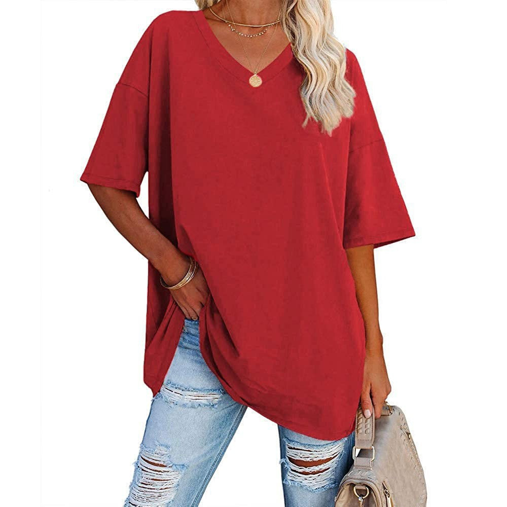 Damski, swobodny t-shirt z dekoltem v-neck