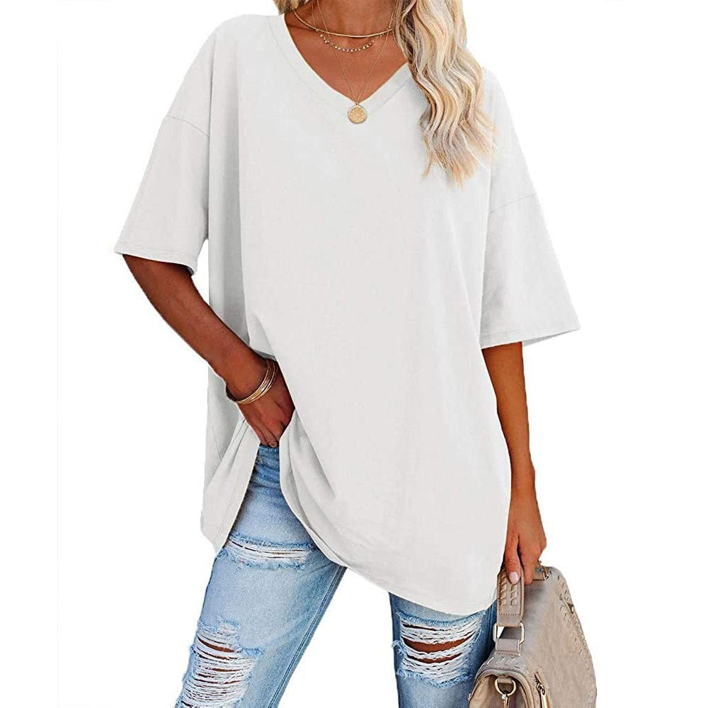 Damski, swobodny t-shirt z dekoltem v-neck