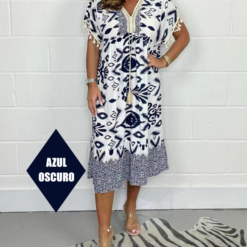 ✨Bedrucktes Freizeitkleid mit V-Ausschnitt und Fransen an den kurzen Ärmeln