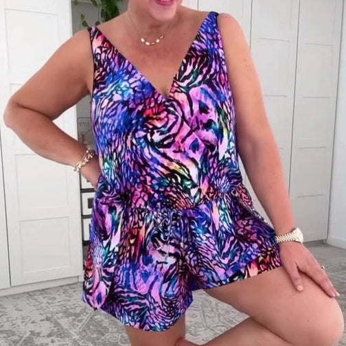 🌸 Strój kąpielowy bez rękawów z nadrukiem na dekolcie V