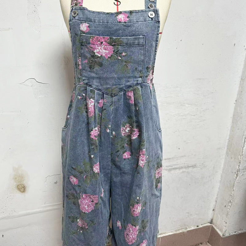 Dżinsowy kombinezon z nadrukiem w kwiaty w stylu vintage