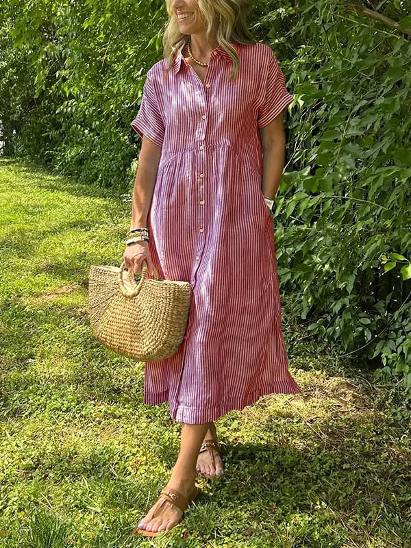 🔥👗 Koszulowa sukienka w paski z kieszeniami, klapami i guzikami