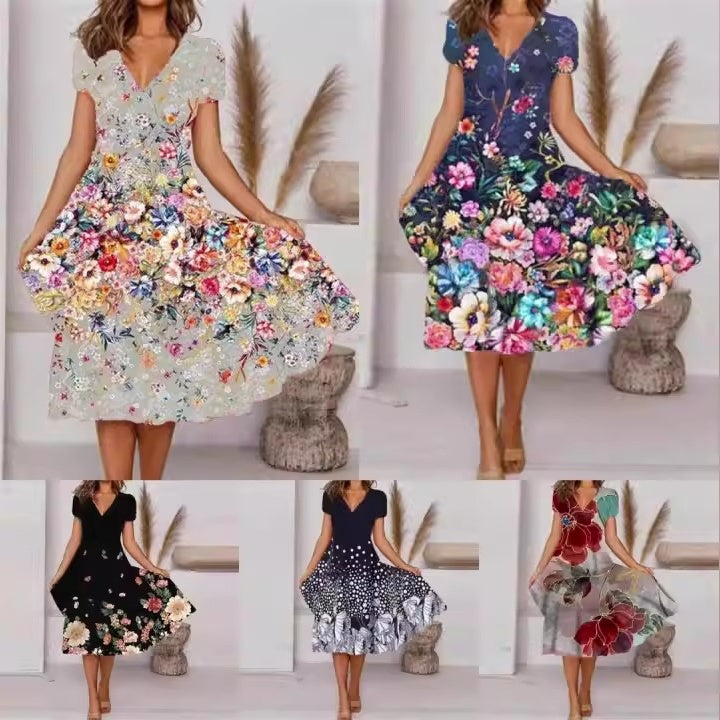 【S-4XL】🌺 Damska zwiewna sukienka z nadrukiem z dekoltem w szpic