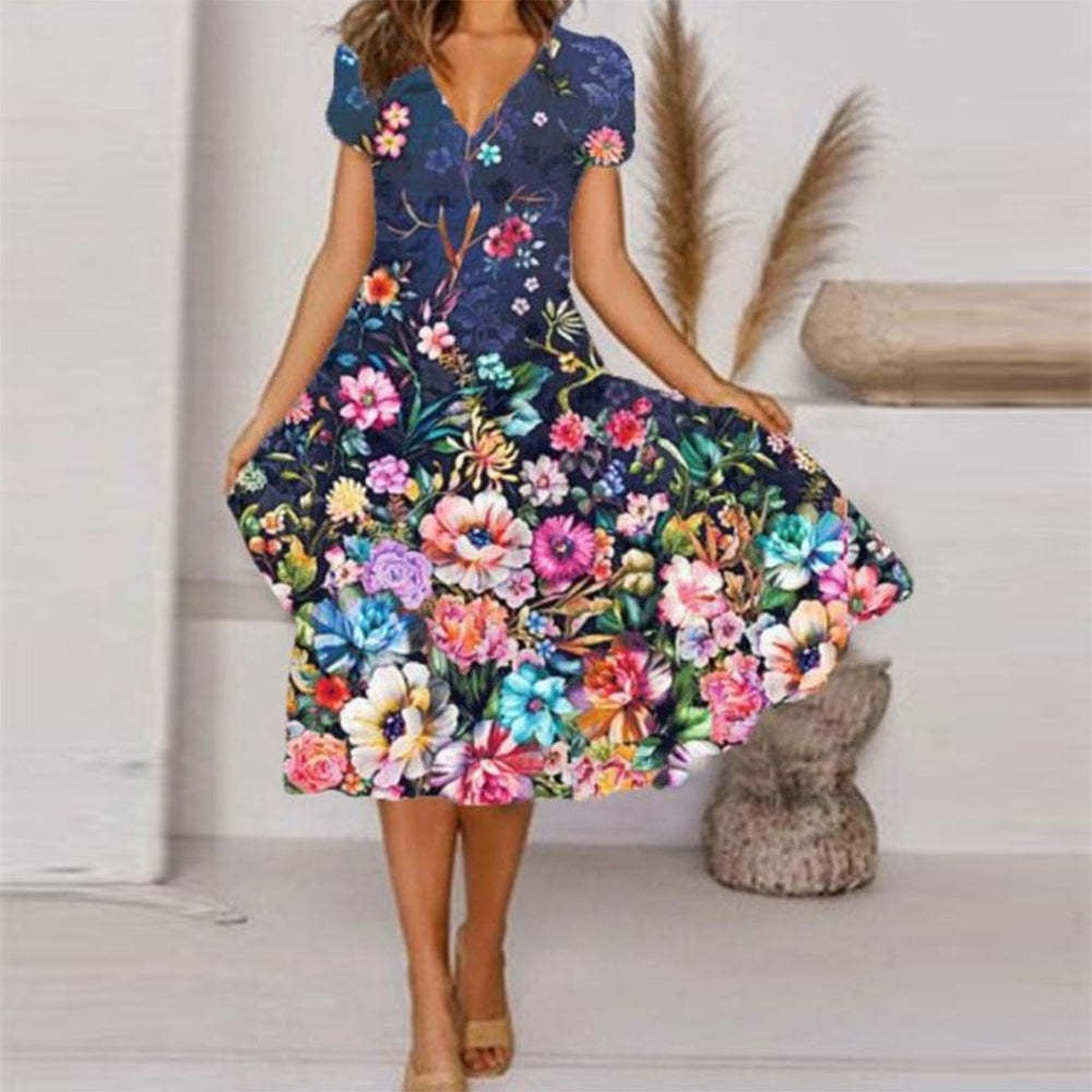 【S-4XL】🌺 Damska zwiewna sukienka z nadrukiem z dekoltem w szpic
