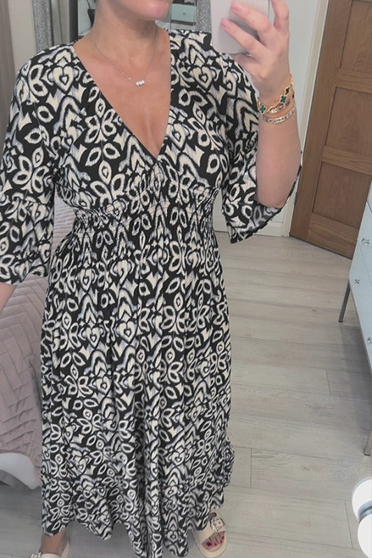 🔥 Wyprzedaż 🧡 Boho Casual Sukienka z Długim Rękawem i Dekoltem w Serek