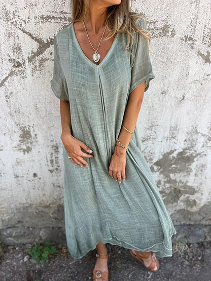 💕 Co powinnam założyć jutro? 🔥 Damska Luźna Sukienka z Dekoltem w Serek z Bawełny i Lnu
