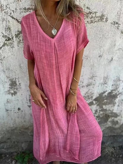 💕 Co powinnam założyć jutro? 🔥 Damska Luźna Sukienka z Dekoltem w Serek z Bawełny i Lnu