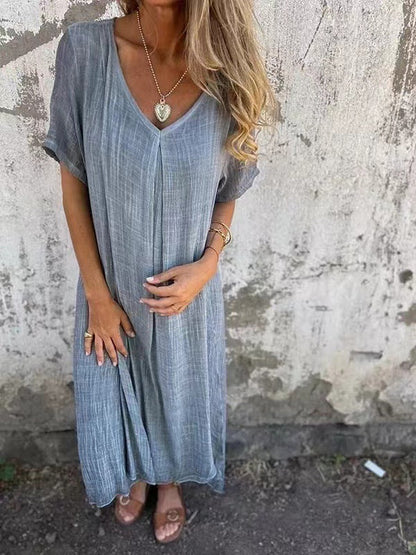 💕 Co powinnam założyć jutro? 🔥 Damska Luźna Sukienka z Dekoltem w Serek z Bawełny i Lnu