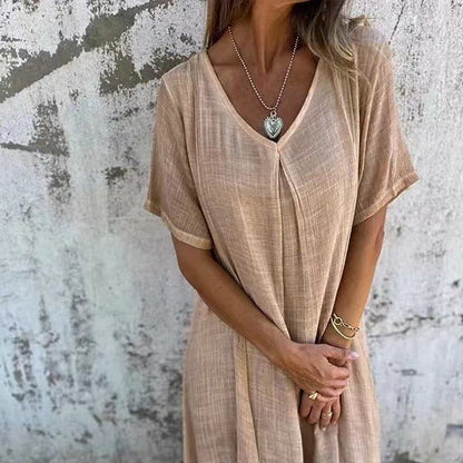 💕 Co powinnam założyć jutro? 🔥 Damska Luźna Sukienka z Dekoltem w Serek z Bawełny i Lnu