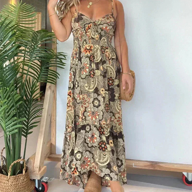 💕Oferta ograniczona czasowo 39% ZNIŻKI 💕 Seksowna damska długa sukienka z kwiatowym nadrukiem na ramiączkach