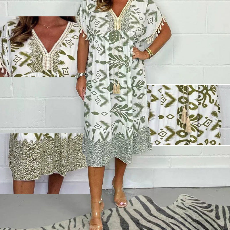 ✨Bedrucktes Freizeitkleid mit V-Ausschnitt und Fransen an den kurzen Ärmeln