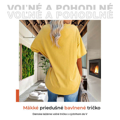 Damski, swobodny t-shirt z dekoltem v-neck