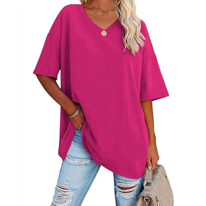 Damski, swobodny t-shirt z dekoltem v-neck