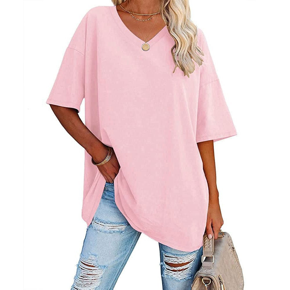 Damski, swobodny t-shirt z dekoltem v-neck