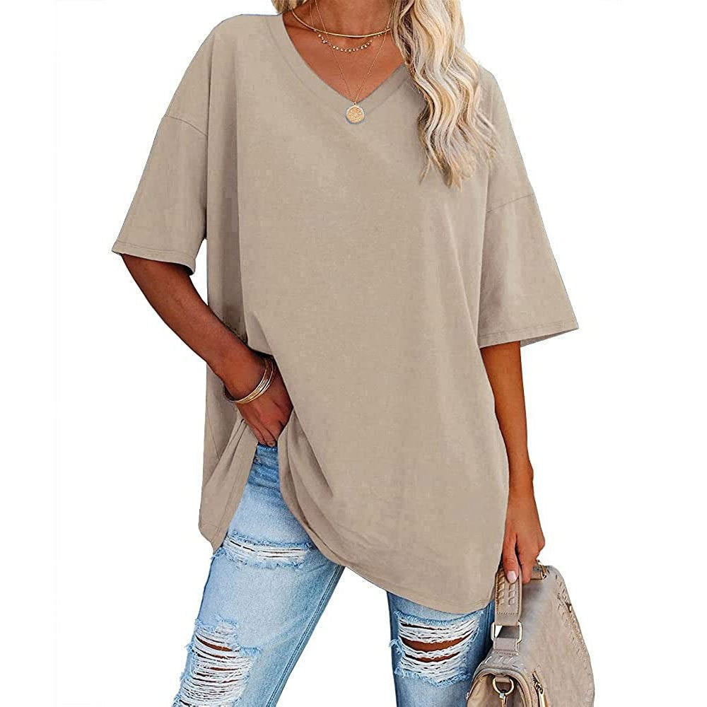 Damski, swobodny t-shirt z dekoltem v-neck