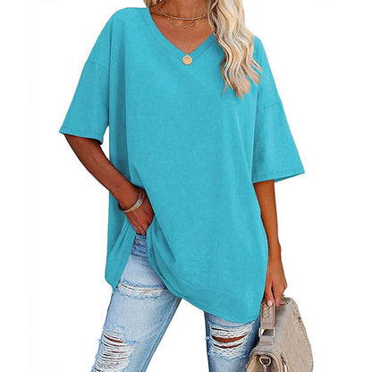 Damski, swobodny t-shirt z dekoltem v-neck