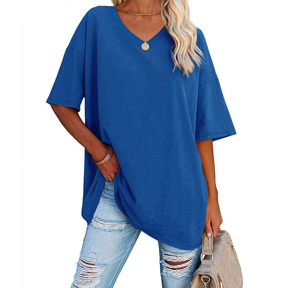 Damski, swobodny t-shirt z dekoltem v-neck