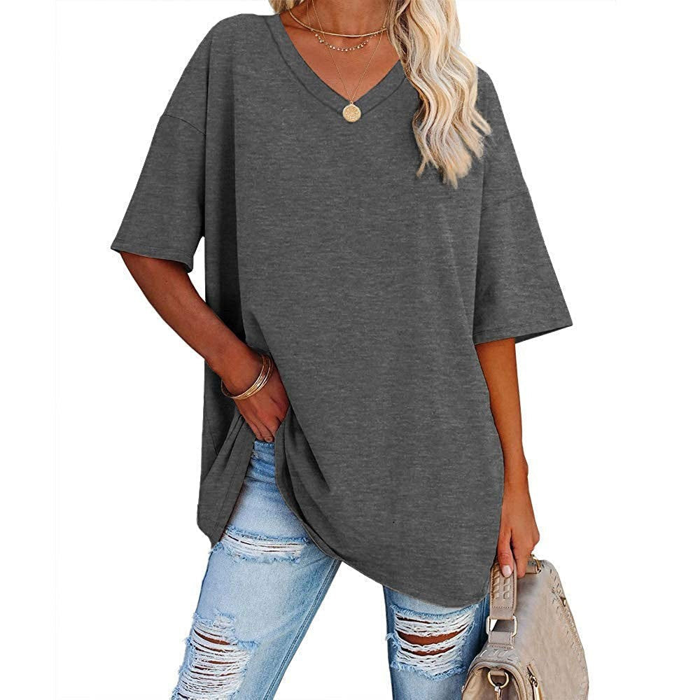 Damski, swobodny t-shirt z dekoltem v-neck