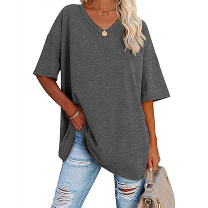 Damski, swobodny t-shirt z dekoltem v-neck