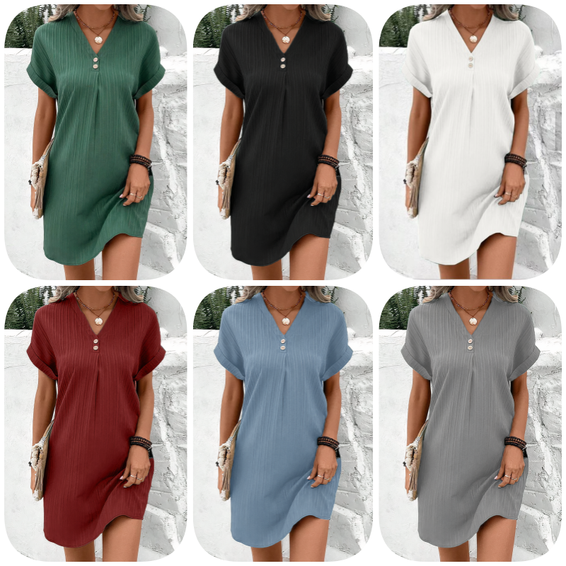 🔥👚Damska sukienka z krótkim rękawem V-Neck w jednolitym kolorze