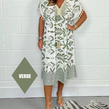 ✨Bedrucktes Freizeitkleid mit V-Ausschnitt und Fransen an den kurzen Ärmeln