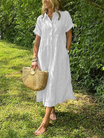 🔥👗 Koszulowa sukienka w paski z kieszeniami, klapami i guzikami