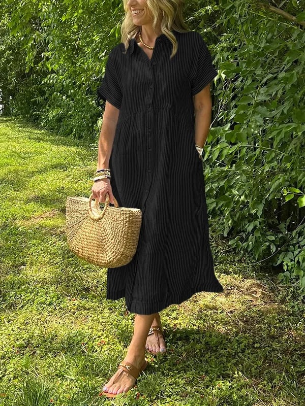 🔥👗 Koszulowa sukienka w paski z kieszeniami, klapami i guzikami
