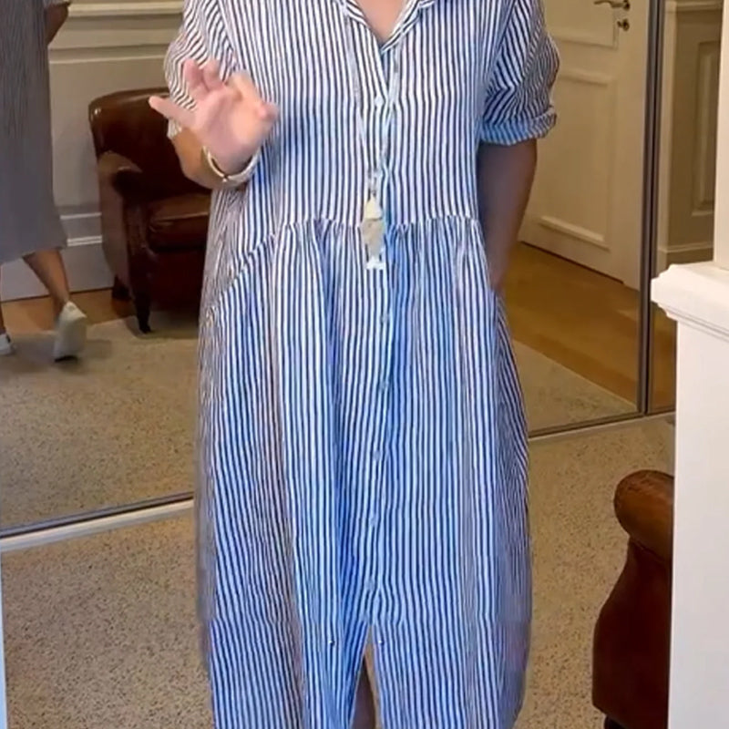 🔥👗 Koszulowa sukienka w paski z kieszeniami, klapami i guzikami