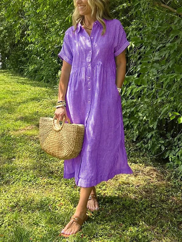 🔥👗 Koszulowa sukienka w paski z kieszeniami, klapami i guzikami