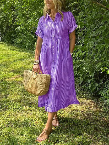 🔥👗 Koszulowa sukienka w paski z kieszeniami, klapami i guzikami