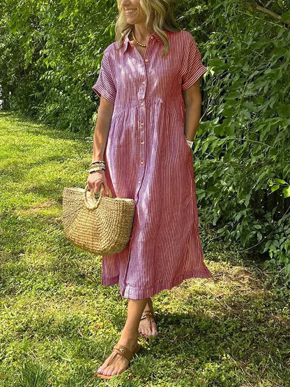 🔥👗 Koszulowa sukienka w paski z kieszeniami, klapami i guzikami