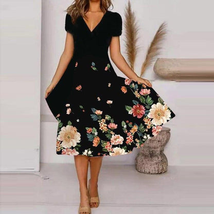 【S-4XL】🌺 Damska zwiewna sukienka z nadrukiem z dekoltem w szpic