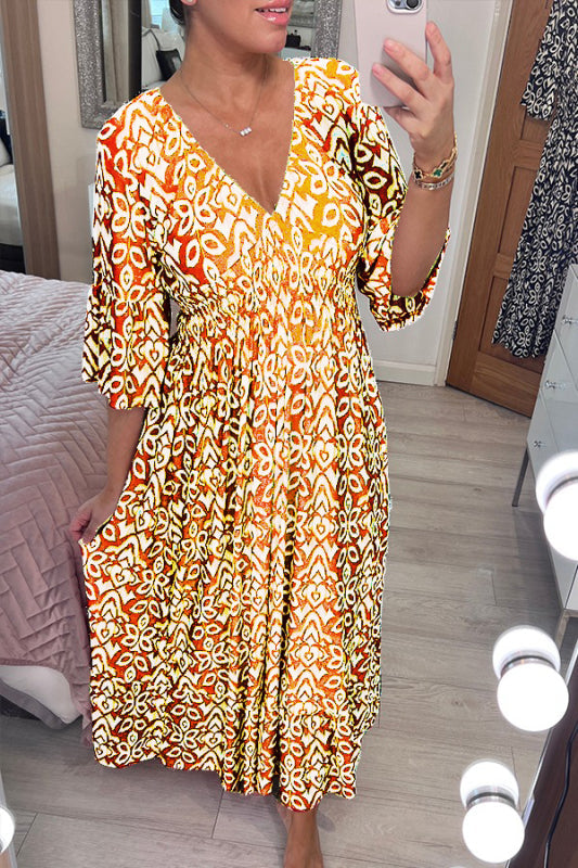 🔥 Wyprzedaż 🧡 Boho Casual Sukienka z Długim Rękawem i Dekoltem w Serek