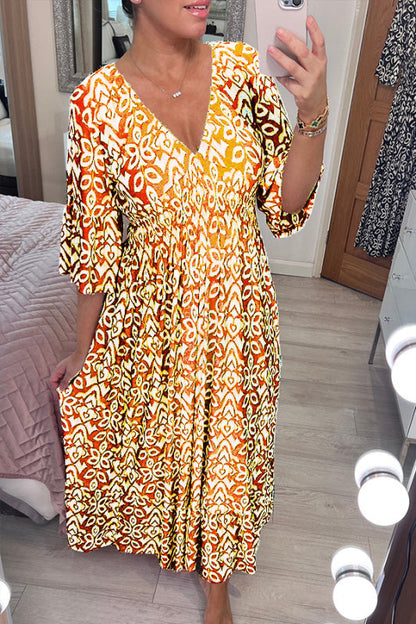 🔥 Wyprzedaż 🧡 Boho Casual Sukienka z Długim Rękawem i Dekoltem w Serek
